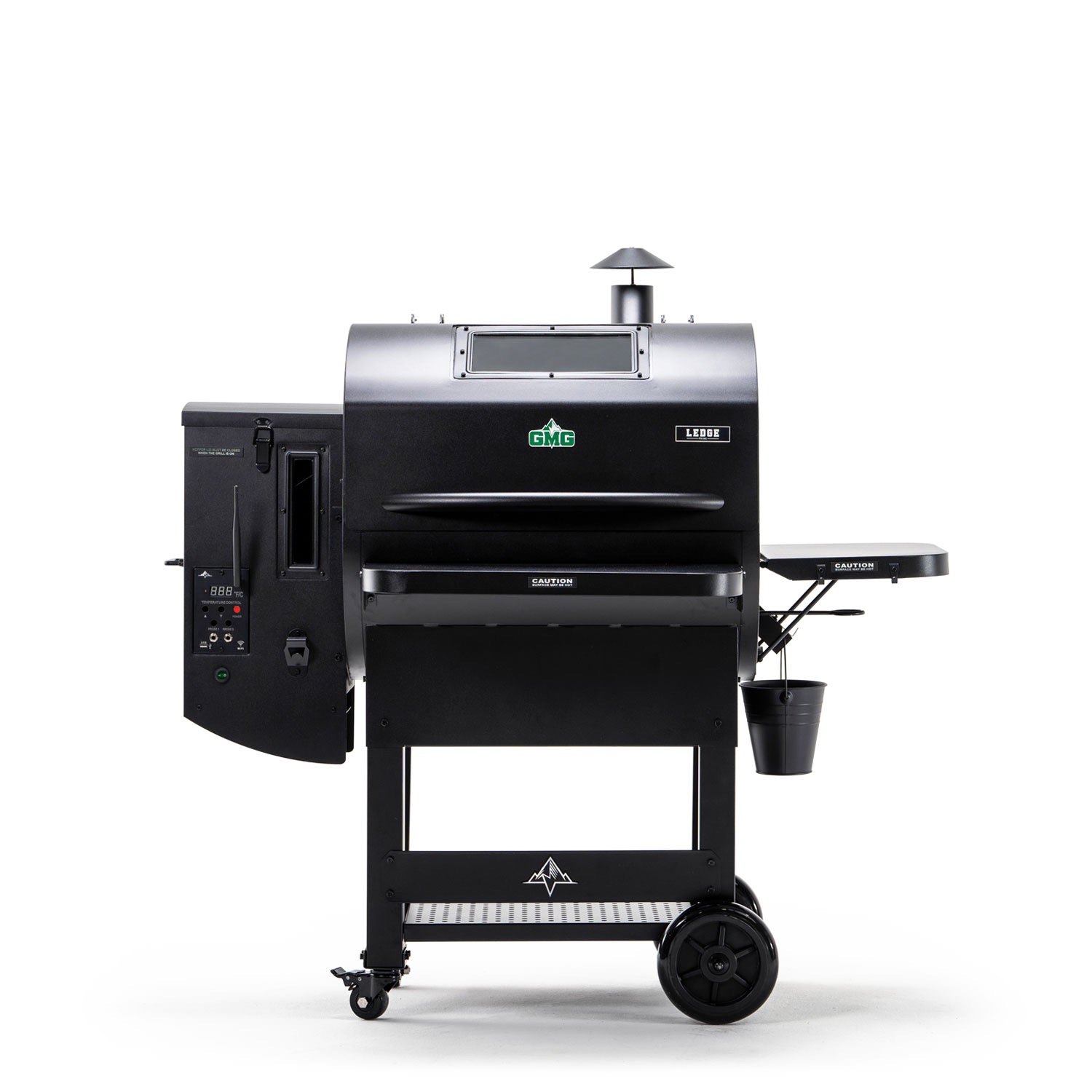 Linda, the black Green Mountain Grills Ledge pellet grill with its window lid and side shelf