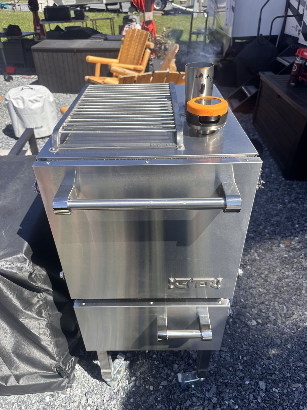 The stainless Keveri H1 kamado-style charcoal cooker