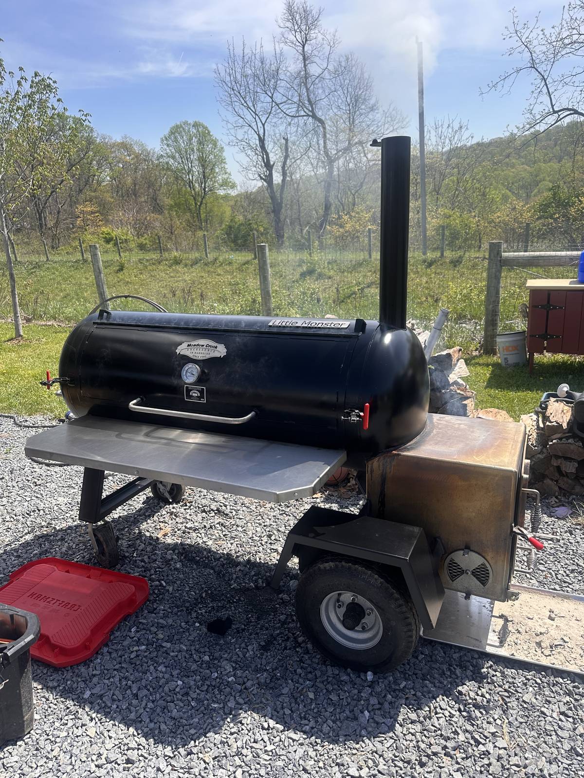 Mabel, the Meadow Creek TS120P offset trailer smoker with its Little Monster nameplate