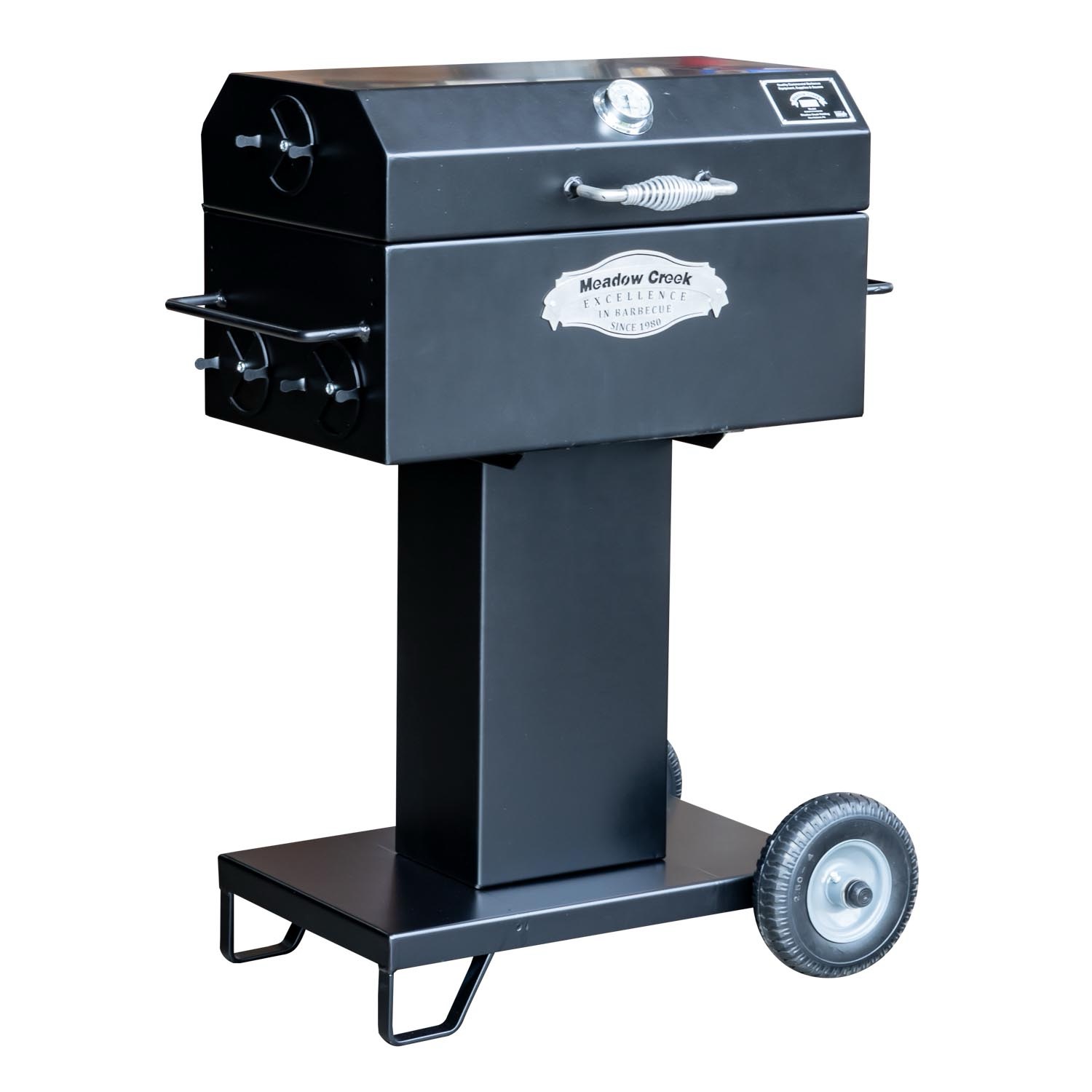 Peg, the black Meadow Creek PG25 pedestal charcoal grill on a wheeled base