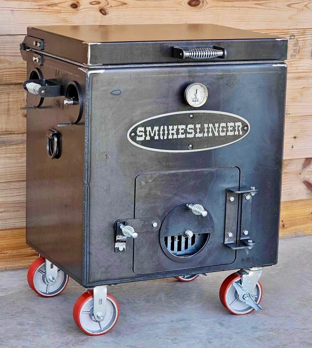 Pearl, the Smokeslinger Mini direct-heat cooker on red caster wheels